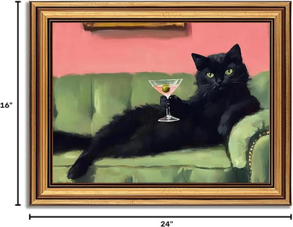 Devunaty Vintage Gold Framed Black Cat Martini Wall Art, Cocktail Bar Cart Wall Decor, Funny Cat On Green Sofa Canvas Print, Eclectic Whimsical Painting Picture For Bedroom Living Room Decor 16"x24"