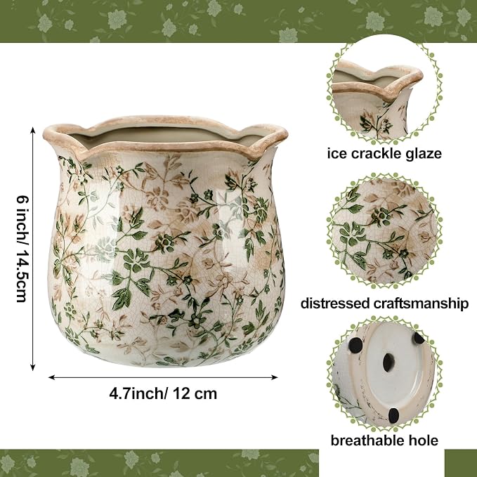 Newtay 6 Inch Ceramic Plants Pots Vintage Ceramic Flower Planters Crackle Glaze Finish Flower Pots Decorative Floral Vintage Planters for Living Room Garden Home Decor Gifts(Plain)