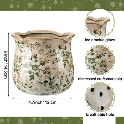 Newtay 6 Inch Ceramic Plants Pots Vintage Ceramic Flower Planters Crackle Glaze Finish Flower Pots Decorative Floral Vintage Planters for Living Room Garden Home Decor Gifts(Plain)