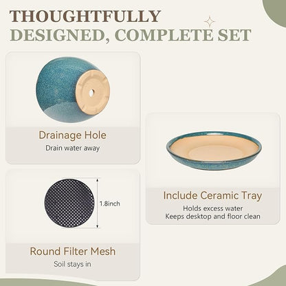 9.5 Inch Ceramic Plant Pot with Drainage Hole Mesh Net,Modern Gardening Pots for Indoor Plants with Saucer, Crackle Blue