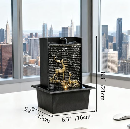 Water Wall Waterfall Fountain, Gold Deer Relief Wall Fountain for Home Office, Indoor Zen Vertical Waterfall with Warm Light for Zen Relaxation & Decor