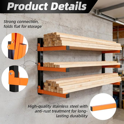 Lumber Storage Rack Wall Mounted 2 Pack, Wood Organizer with 3-Level Holds Up to 660LBS, Heavy Duty Folding Metal Garage Organizer for Indoor and Outdoor, Orange