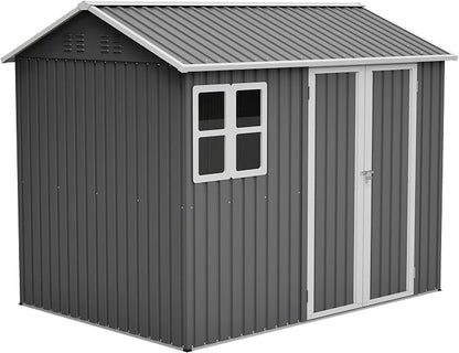 PVWIIK 8x6 FT Outdoor Storage Shed Metal, Heavy Duty Waterproof Steel Garden Tool Shed with Lockable Doors, Utility Storage Building for Backyard Patio Lawn Garden, Grey