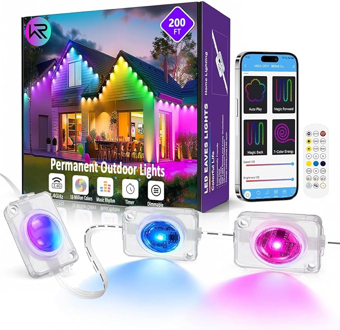 Permanent Outdoor Lights for House,200ft RGB+IC Lights with 16 Million Colors & 50 Scene Modes, App/Remote Control, IP67 Waterproof, DIY Music Sync, for Christmas, Holiday & Party Decor