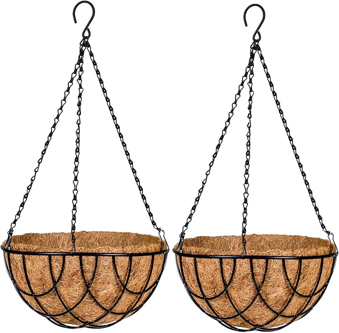 Kingbuy 10 Inch Metal Hanging Planter Basket with Coconut Fiber Liner Round Wire Hanging Plant Flower Pot for Home Garden Patio Decoration, Grid Pattern, 2 Pack