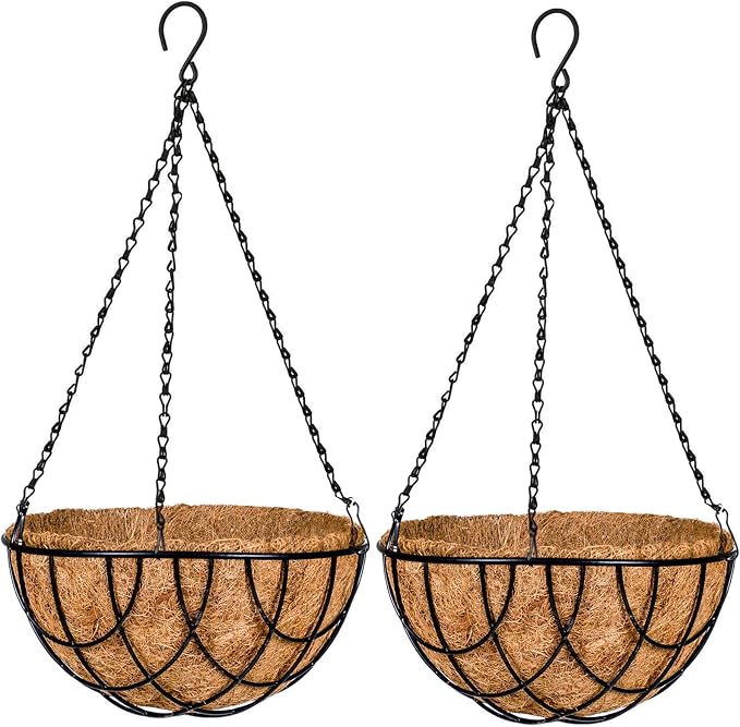 Kingbuy 12 Inch Metal Hanging Planter Basket 2 Pack - with Coconut Fiber Liners, Rustproof 3-Chain System, Quick Drainage for Indoor/Outdoor Window Balcony Patio, Weather-Resistant Coating