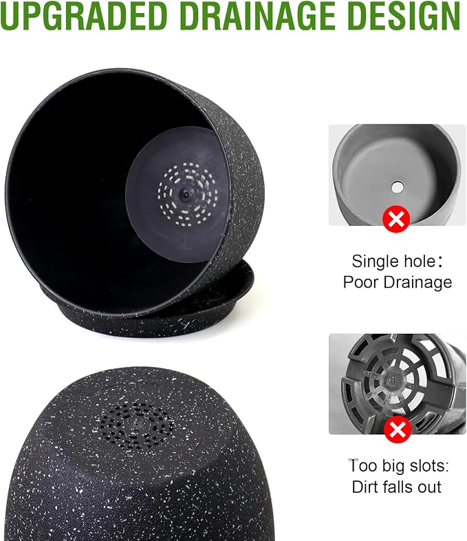 WSMKSZ 9/8/7.5 inch Plant Pots, Set of 3 Modern Decorative Plastic Planters with Drainage Holes and Saucer for Garden House Plants, Flower Pots for Indoor Outdoor Plants, Speckled Black