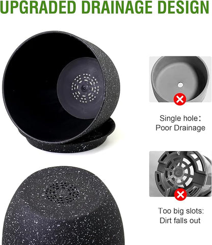WSMKSZ Plant Pots 10/9/8 inch, Set of 3 Modern Decorative Plastic Planters with Drainage Holes and Saucers for Garden House Plants, Flower Pots for Indoor Outdoor Plants, Speckled Black