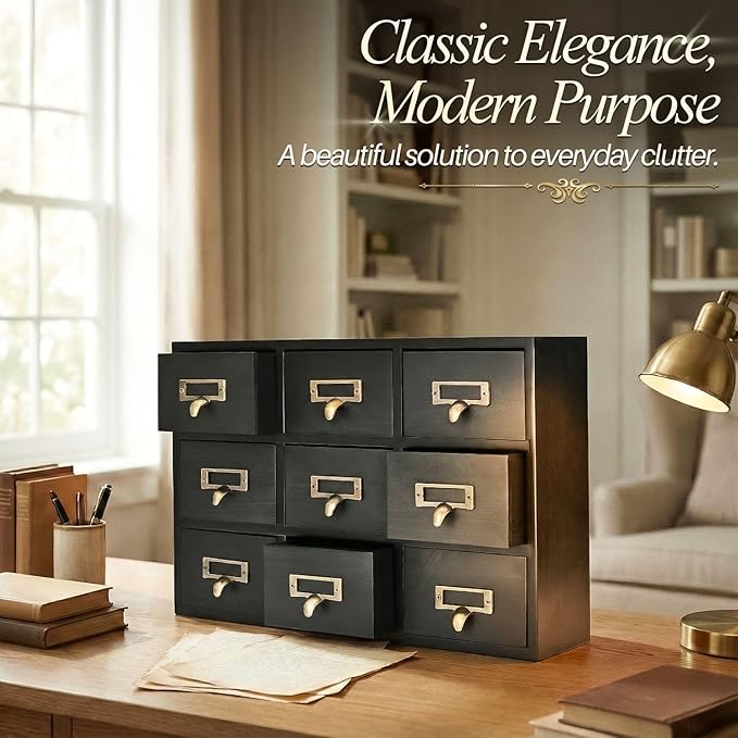 Flexzion Apothecary Cabinet with Drawers - 9 Vintage Drawers, Card Catalog Cabinet, Black Wooden Tabletop Desktop Organizer for Home Office, Jewelry, Makeup, Tools & Small Item Storage