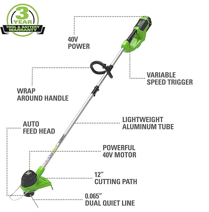 Greenworks 40V (150 MPH) Cordless Leaf Blower, 4.0Ah Battery and Charger Included 24212, 4Ah Battery & Charger, 40V String Trimmer