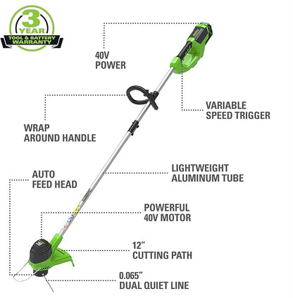 Greenworks 40V (550 CFM / 130 MPH) Brushless Axial Blower + Trimmer, 4.0Ah USB Battery and Charger Included