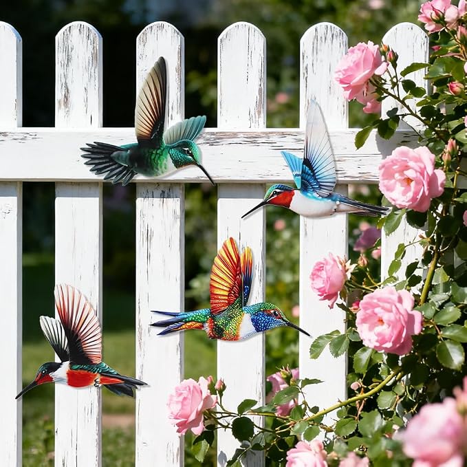 4 Pack Metal Hummingbird Wall Art Garden Decor, Birds Outdoor Wall Art Yard Patio Fence Decoration, 3D Colorful Bird Wall Hanging Sculpture Outside Livingroom Gift for Women Mom