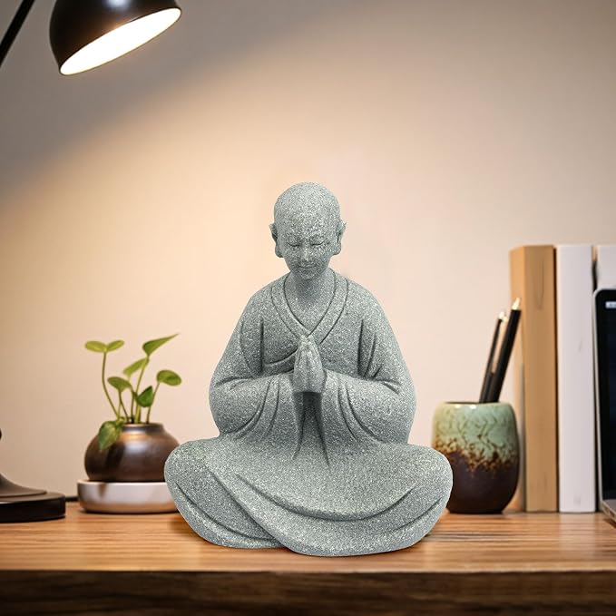 Zen Monk Statue Meditation Decor - Craft Sandstone 3.7inch Small Buddha Statue, Praying Pose for Desk Decor, Unique Gift for Buddha Lovers