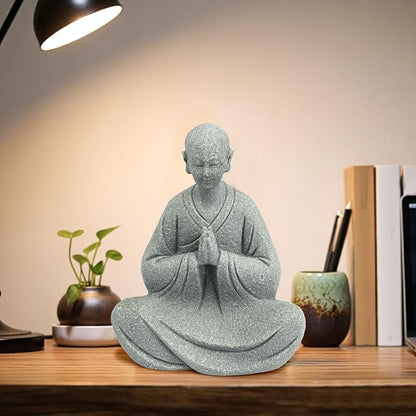 Zen Monk Statue Meditation Decor - Craft Sandstone 3.7inch Small Buddha Statue, Praying Pose for Desk Decor, Unique Gift for Buddha Lovers