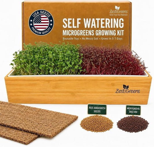 Self Watering Microgreens Growing Kit. Hands Down the Easiest Way to Grow Microgreens. Includes Tray, Seeds, Mats, and Bamboo Surround. Great Gift for Gardeners