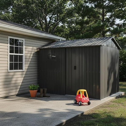 8x6 FT Outdoor Storage Shed,Galvanized Steel Heavy Duty Metal Tool Shed with Window & Vents,Sliding Door,Weatherproof Utility Shed for Backyard Patio Lawn,Black