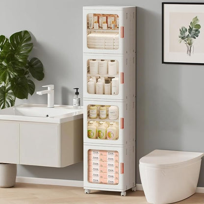 4-Tier Tall Narrow Bathroom Storage Cabinet for Small Space,White | Quick Assembly,Foldable,Plastic Organizers,Magnetic Doors,Adjustable Shelves,Slim Storage Cabinet,Wheels