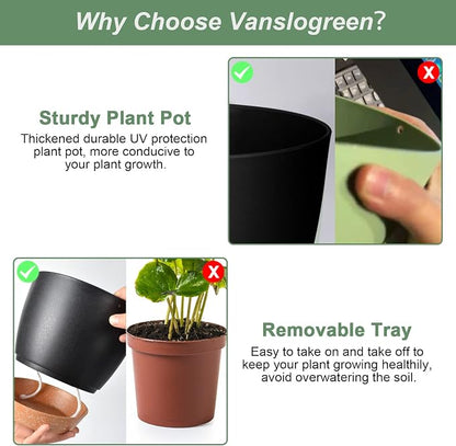 Vanslogreen Planters for Indoor Plants 3 Pack, 10/9/8 Inch Self Watering Flower Pots with Drainage Hole, Plastic Large Plant Pots (Black)