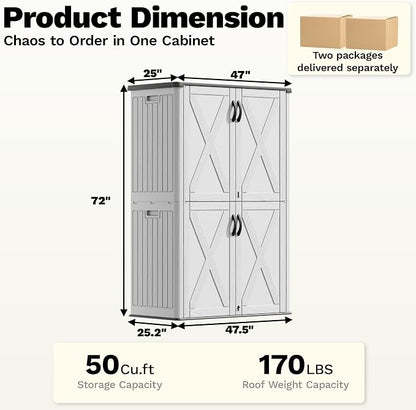 Devoko 50 Cu Ft Plastic Outdoor Storage Cabinet, White | Vertical Resin Storage Shed with Lockable Door, Waterproof Shed for Patio Furniture Pool Toy, Garden Tool, Shelf Not Included