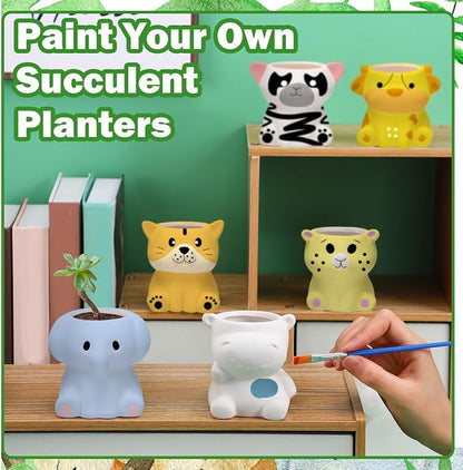 Beeveer 6 Sets Paint Your Own Ceramic Animal Succulent Planters Paintable Animal Ceramic Small DIY Figurines Unpainted Succulent Pots with Drainage Hole for Adults