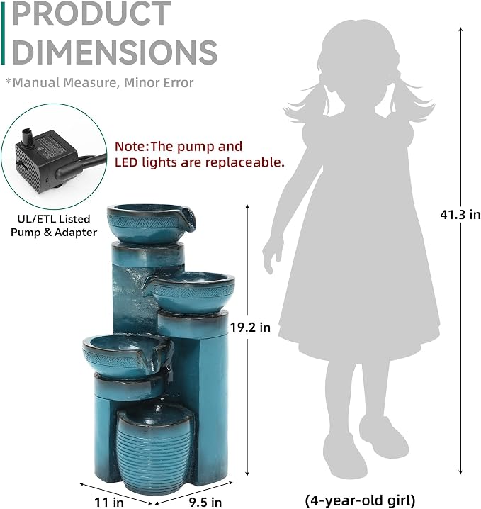 AUTODAYA 19.3" Faux Ceramic Outdoor Water Fountain with LED Lights | 4-Tier Resin Cascading Water Feature with Pedestal Waterfall for Garden, Patio, Yard or Porch