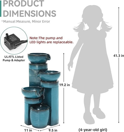 AUTODAYA 19.3" Faux Ceramic Outdoor Water Fountain with LED Lights | 4-Tier Resin Cascading Water Feature with Pedestal Waterfall for Garden, Patio, Yard or Porch