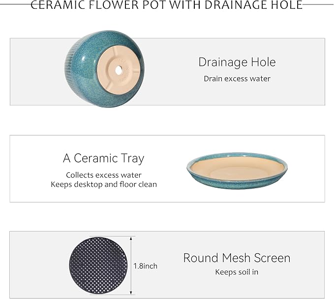 10.3 Inch Ceramic Planter with Saucer,Modern Garden Pots with Drainage Hole Mesh Net, for Indoor Outdoor Use(Crackle Blue)