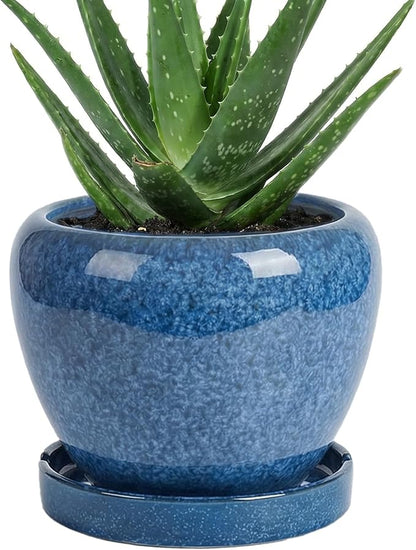 8.3 Inch Ceramic Planter with Saucer Leak-Proof Mesh &Drainage, Round Plant Pot with Gardening Gloves for Indoor Outdoor Plants (Sapphire Blue Glaze)