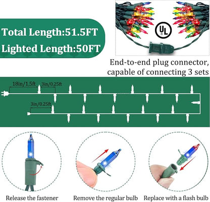 Multicolor Christmas Lights Outdoor, 50FT 200 Count Incandescent Mini Christmas Lights Green Wire, Waterproof Fairy Lights, Connectable Xmas String Lights for Christmas Tree, Garland, Wedding Decor