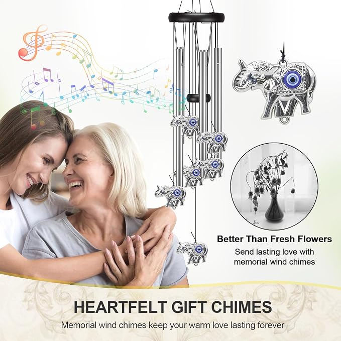 Virekm Memorial Wind Chimes, Angel Wind Chimes for Outside Clearance, Elephant Gifts for Women, Outdoor/Indoor Hanging Decorations for Patio, Porch, Garden Decor, and Backyard (Evil Eye Elephant)