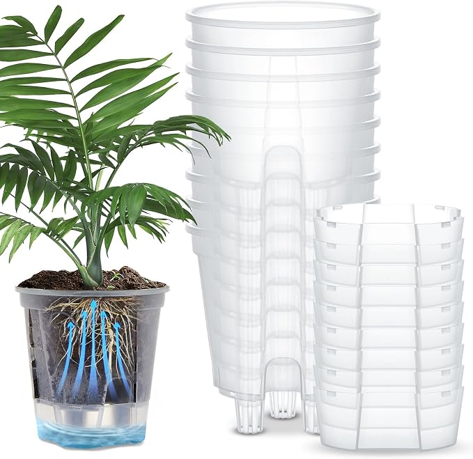 Wonderjune Self Watering Pots for Indoor Plants with Deep Reservoir and High Drainage Holes for Outdoor Plants and Flowers, Bare Root Planter(7.09'',Clear,9 Pcs)