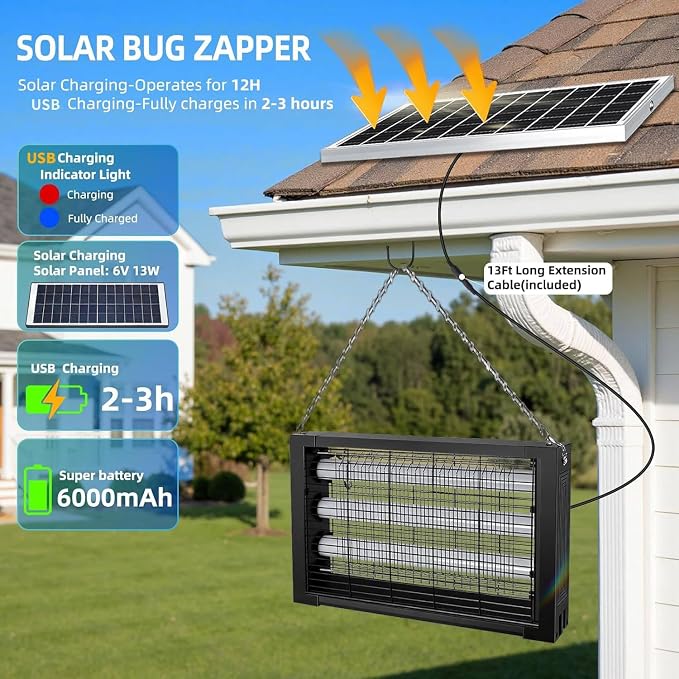 Solar Bug Zapper Outdoor for 3000 sq.ft, Waterproof Mosquito Zapper, Rechargeable Fly Zapper with 3 LED Tube,Cordless Solar Mosquito Killer for Patio Yard Garden Camping with 13W Solar Panel (9023A)