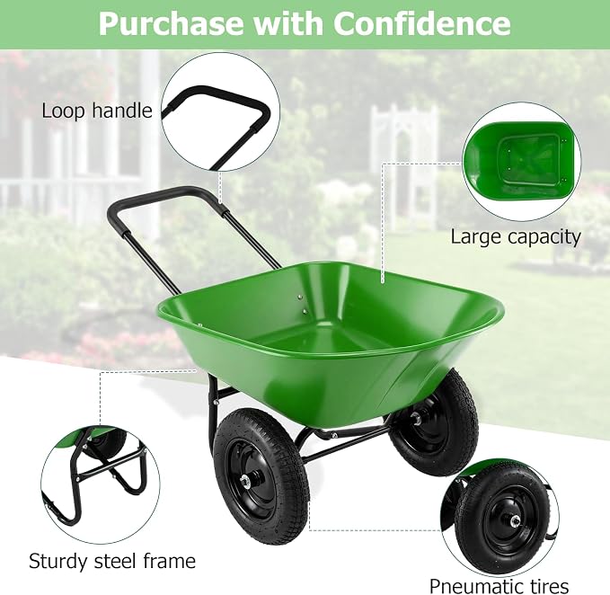 ERGOMASTER Dual-Wheel Wheelbarrow, Home Utility Garden Cart, Large Heavy Duty Yard Cart for Gardening (Bright Green)