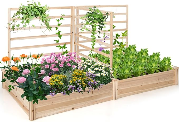 Giantex Raised Garden Bed with 3 Trellises, 88"x45"x43" Wooden Planter Box with 2 Growing Section, Outdoor Elevated Garden Bed for Vegetables Flowers Herbs & Climbing Plants Cucumber, Easy Assembly