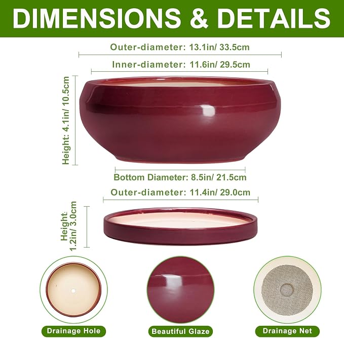 Bonsai Tree Pots 13 Inch - Ceramic Bonsai Pots with Drainage Hole and Tray, Large Succulent Planters Indoor, Round Bowl Planter Outdoor, Shallow Planter, House Decor, Birthday Gifts, Wine Red