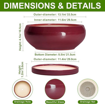 Bonsai Tree Pots 13 Inch - Ceramic Bonsai Pots with Drainage Hole and Tray, Large Succulent Planters Indoor, Round Bowl Planter Outdoor, Shallow Planter, House Decor, Birthday Gifts, Wine Red