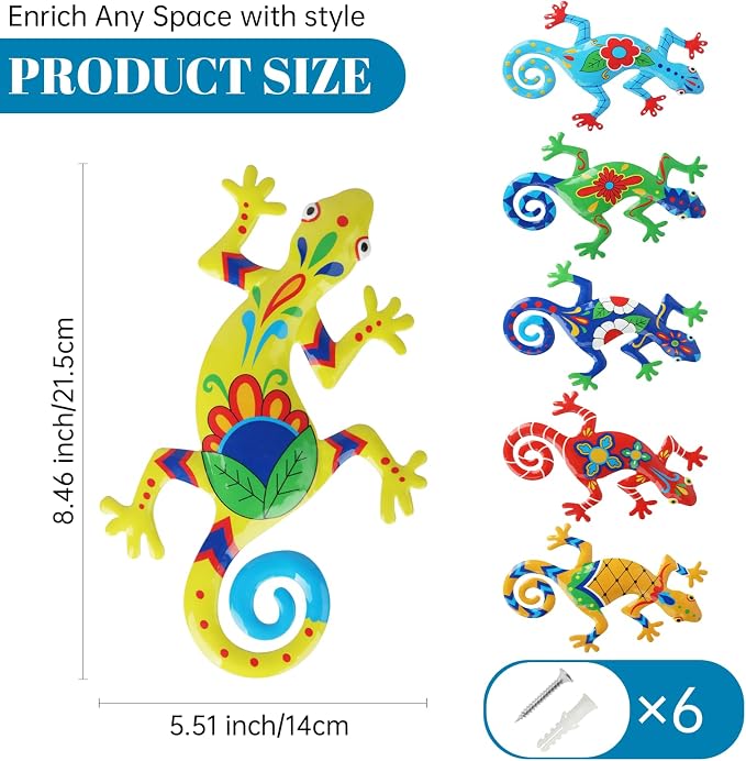 WANFSOWO 3D Metal Gecko Wall Art, Hand-Painted Colorful Lizard Wall Sculpture, Indoor Outdoor Hanging Decor for Garden Fence Patio Porch Backyard, Home Decor Gift (Style 3)