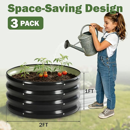 3 PCS Round Raised Garden Bed 2x2x1 ft, Metal Outdoor Planter Box Kit with Safety Rubber Edge, Easy Assemble Bottomless Small Planting Container for Vegetable, Flower, Fruit, Grey