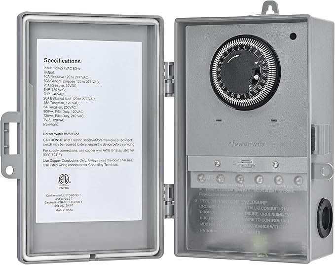 DEWENWILS Pool Pump Timer, Mechanical Timer Box Outdoor, Heavy Duty 2HP 40A 120-277 VAC, 24-Hour Programmable ON/Off Timeable Switch for Water Heater, Pool Pump, ETL Listed | 24-Hour Programmable ON/Off Timeable Switch, Heavy Duty, Works for Water Heat...