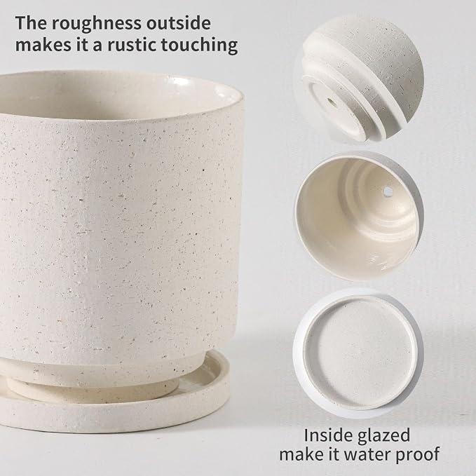Nihow Ceramic Plant Pot Drainage Hole & Saucer for Indoor Plants, 5.7 Inch | White, Cylinder Planters, Art Modem Design, Home Garden Patio Office