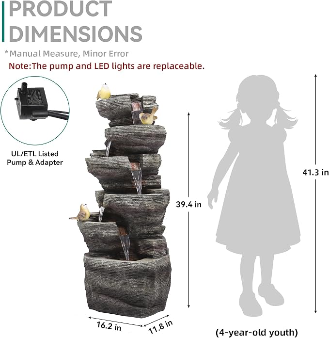 39.4" Stacked Rock Outdoor Fountain LED 6-Tier Bird Waterfall | hand-carved stone with birds, garden patio porch backyard