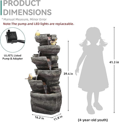 39.4" Stacked Rock Outdoor Fountain LED 6-Tier Bird Waterfall | hand-carved stone with birds, garden patio porch backyard