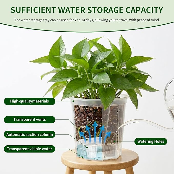 Cdd's Path Self Watering Pots Set with Deep Water Tank, Large Drainage Holes, Reservoir & Air Pipes, 5/6/7 Inch Naked Root Planter for Indoor Outdoor Plants, Flowers, Seedlings, Clear, 9 Pack