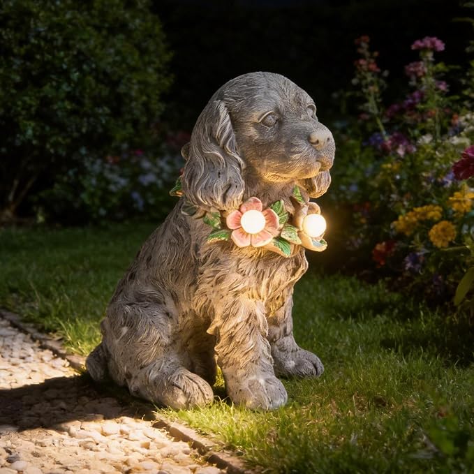Garden Statue Dog Memorial Gifts - Yard Art Decoration with Flower Solar LED Lights Waterproof Resin Garden Figurine Decor for Outdoor Patio Yard Lawn Ornament