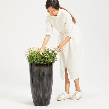 Worth Garden 23.5" H. Large Plastic Planters - Set of 2 Gradient Black Glossy Smooth Finish - Tall Plant Pots for Indoor & Outdoor Use - Decorative Lightweight Flower Pots for Front Porch, Patio, Deck