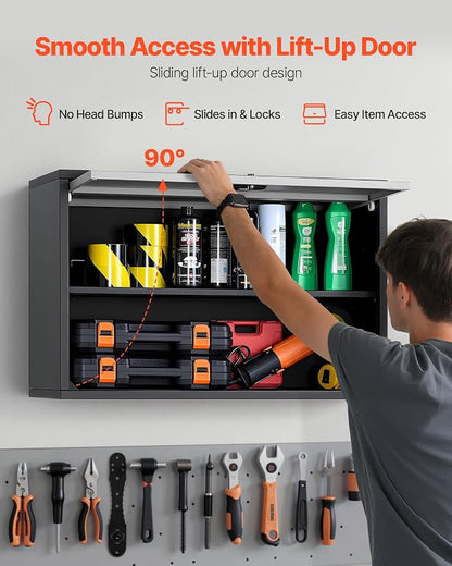 VEVOR Metal Wall Cabinet, 30.31 x 12.01 x 19.69 Inch, Floating Garage Tool Cabinet with Up-Flip Door and Shelf, 240 lbs Load Capacity, Fit for Garage, Basement, Kitchen, Warehouse Assembly Required