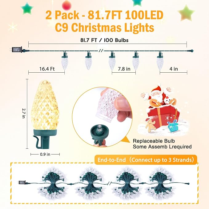 Brightown C9 Christmas Lights Outdoor 2 Pack, Total 162ft 200LED Warm White | with Timing & Memory, 8 Modes, Connectable, Waterproof - C9 Christmas Lights for Indoor Outside Tree Home Yard Decoration