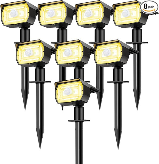 Solar Spot Lights Outdoor Motion Sensor with 3 Modes, [ 8 Pack/56 LED ] Solar Spotlights Outdoor Waterproof 2-in-1 Auto On/Off Landscape Lighting for Outside Yard Wall Garden Pathway, Warm White