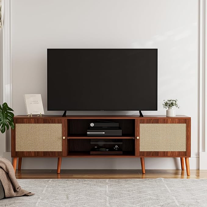 ZttRiee TV Stand with Rattan Doors for TVs up to 65", Mid-Century, Walnut | 54.7"W x 15.7"D x 18.9"H, 150 lbs capacity, 2 rattan-door cabinets & 1 shelf (4 compartments), 2 cord holes, 6 wood feet