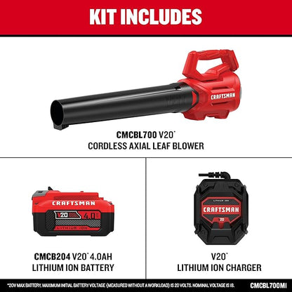 CRAFTSMAN V20 Cordless Axial Leaf Blower Kit, Includes 4.0 Ah Battery and Charger, 100 MPH and 380 CFM Clearing Power, Lightweight, 2 Speed Trigger (CMCBL700M1)